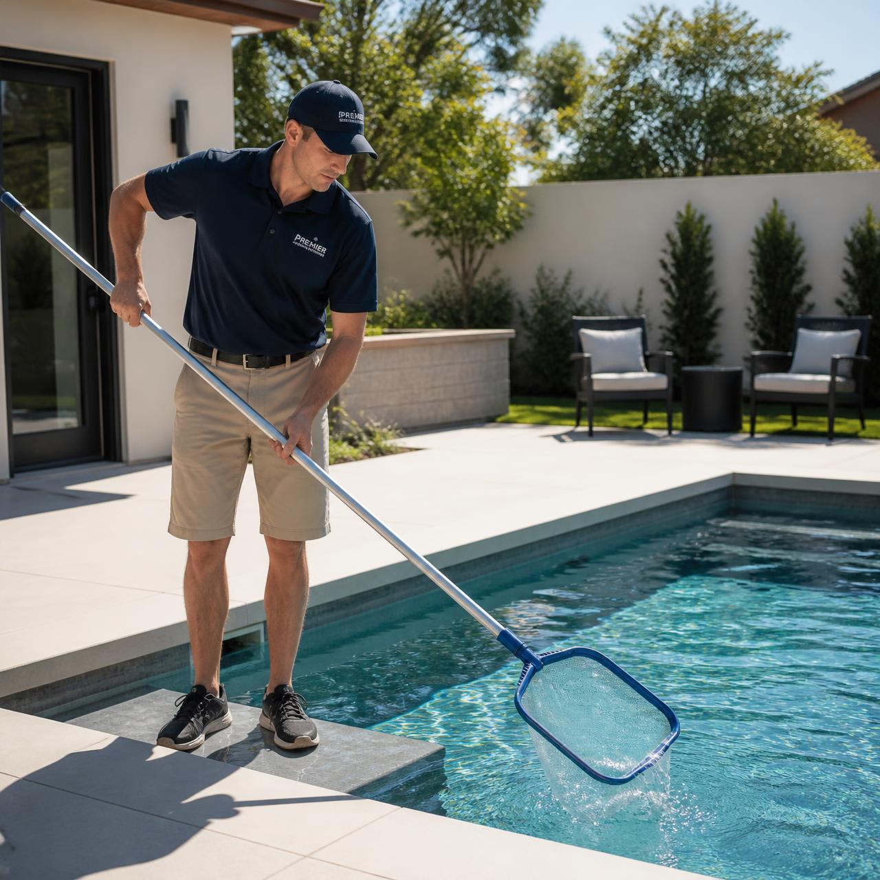 Pool technician skimming a residential swimming pool in a modern backyard