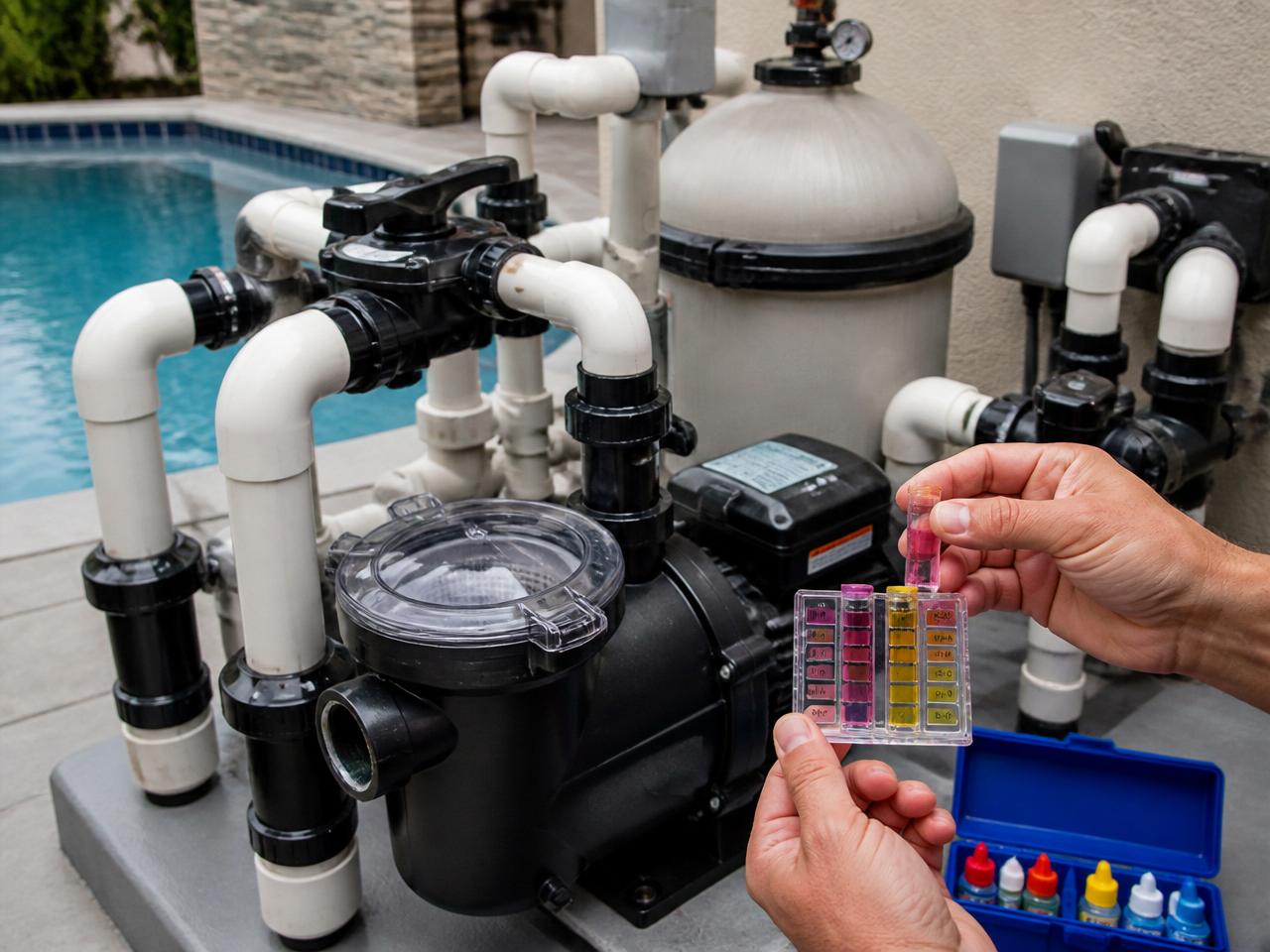Pool pump, filter, and valves with a technician testing water chemistry